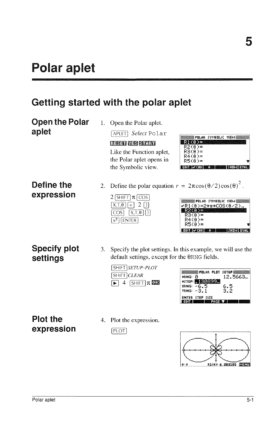Polar apiet, Getting started with the polar apiet, Getting started with the polar aplet -1 | Elzlq 2 q, Open the polar apiet, Define the expression, Specify plot settings, Plot the expression | HP 39g Graphing Calculator User Manual | Page 79 / 292