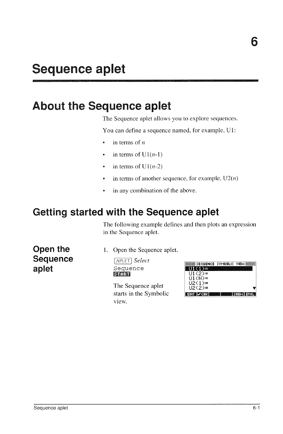 Sequence aplet, About the sequence aplet, Getting started with the sequence aplet | About the sequence aplet -1, Getting started with the sequence aplet -1, Open the sequence aplet | HP 39g Graphing Calculator User Manual | Page 81 / 292