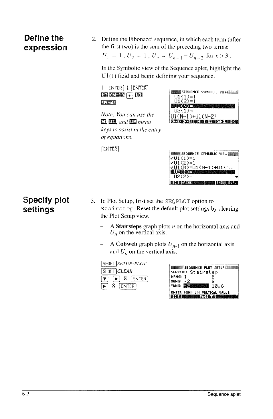 Ul(n-l)+lllcn-2), Define the expression, Specify plot settings | 0 8 pt, Nter | HP 39g Graphing Calculator User Manual | Page 82 / 292