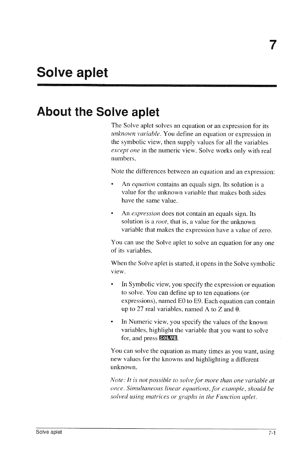 Solve aplet, About the solve aplet, About the solve aplet -1 | HP 39g Graphing Calculator User Manual | Page 85 / 292