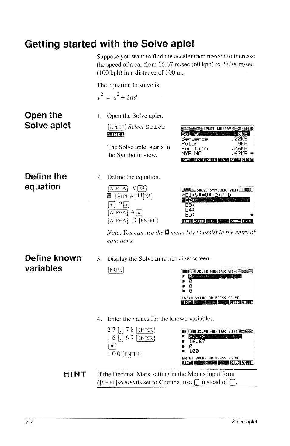 Getting started with the solve aplet, Getting started with the solve aplet -2, Open the solve aplet | Define the equation, Define known variables | HP 39g Graphing Calculator User Manual | Page 86 / 292