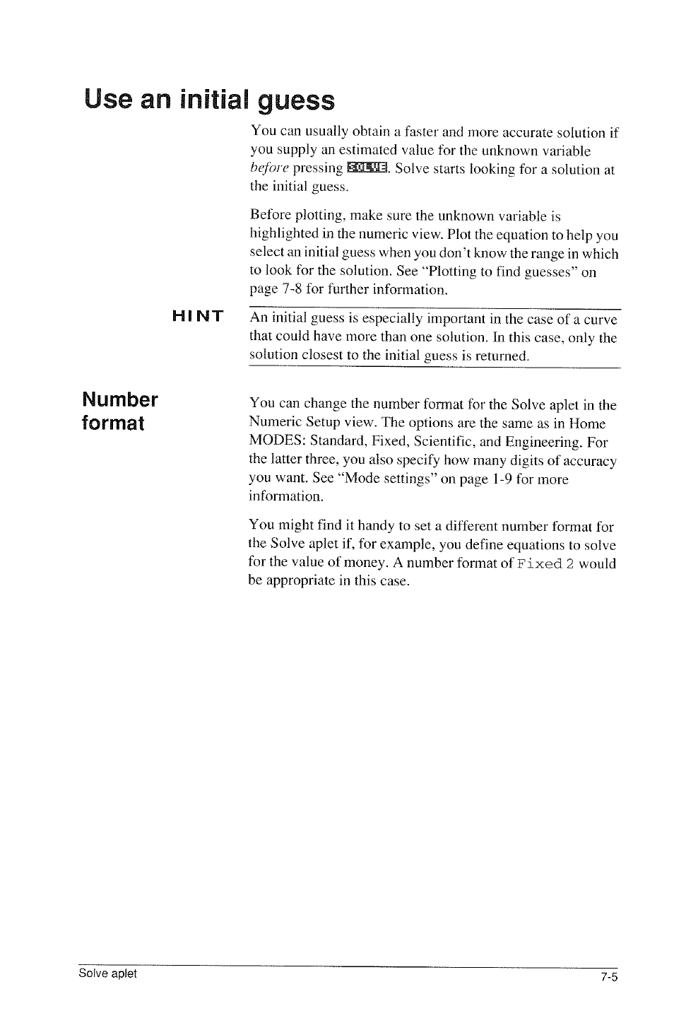 Use an initial guess, Use an initial guess -5, Number format | HP 39g Graphing Calculator User Manual | Page 89 / 292