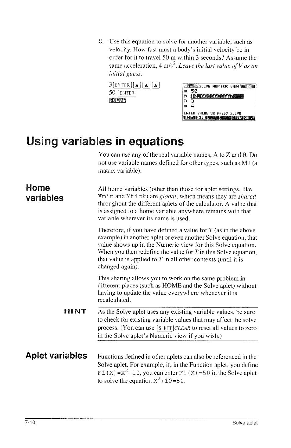 Using variables in equations, Using variables in equations -10, Home variables | Aplet variables | HP 39g Graphing Calculator User Manual | Page 94 / 292