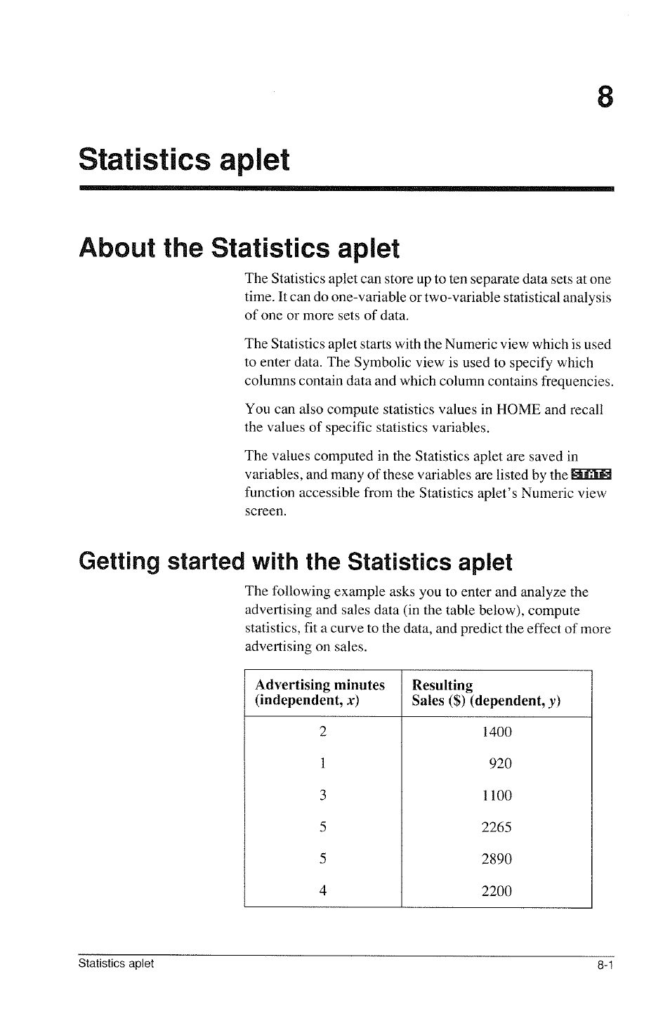 Statistics apiet, About the statistics apiet, Getting started with the statistics apiet | About the statistics aplet -1, Getting started with the statistics aplet -1 | HP 39g Graphing Calculator User Manual | Page 95 / 292