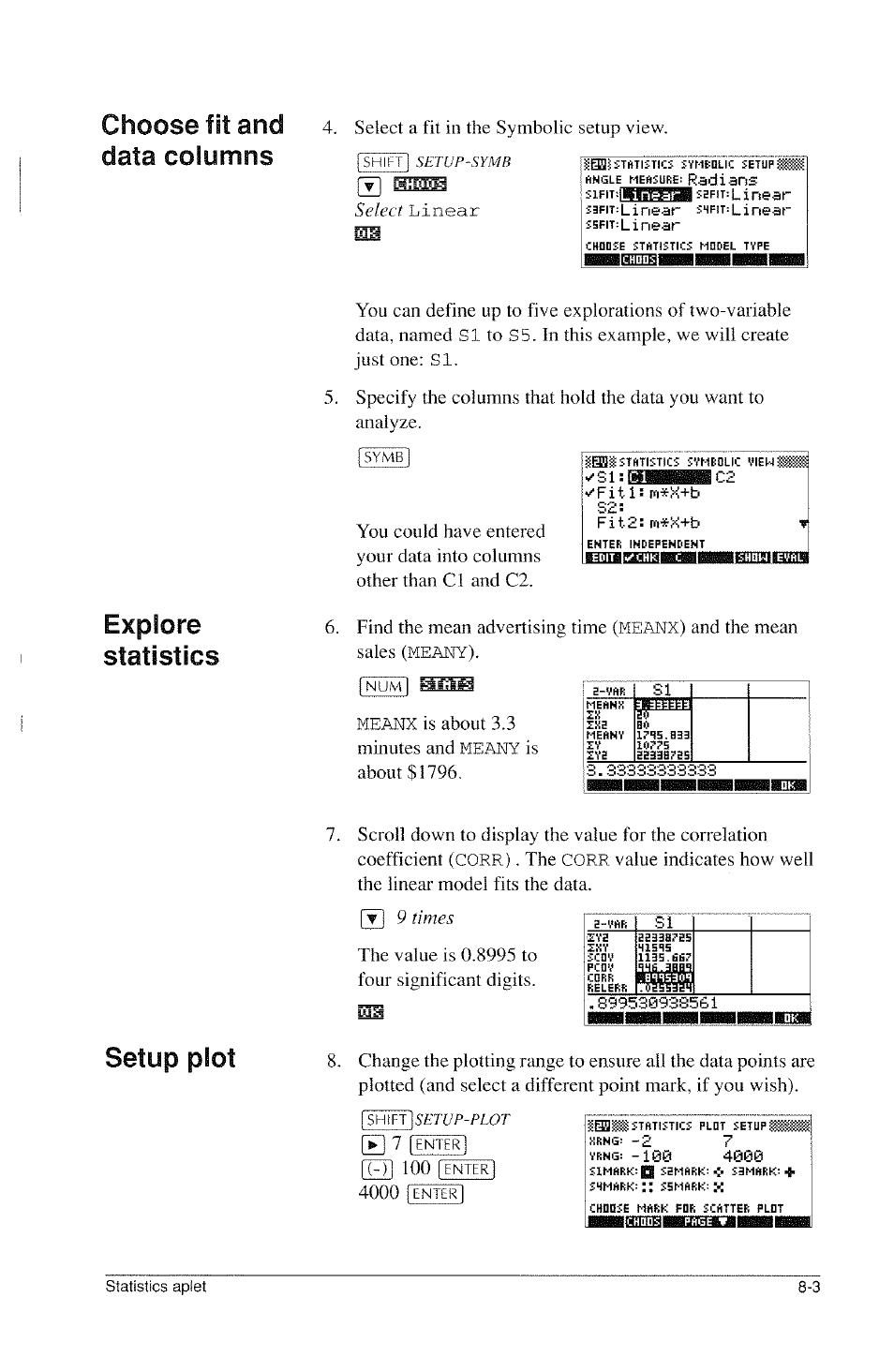 Choose fit and data columns, Explore statistics, Setup plot | HP 39g Graphing Calculator User Manual | Page 97 / 292