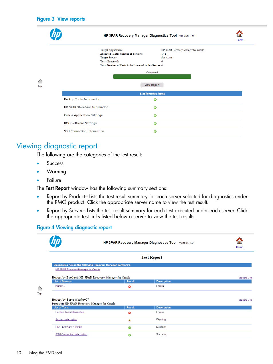 Viewing diagnostic report | HP 3PAR Recovery Manager Software for Oracle Licenses User Manual | Page 10 / 17
