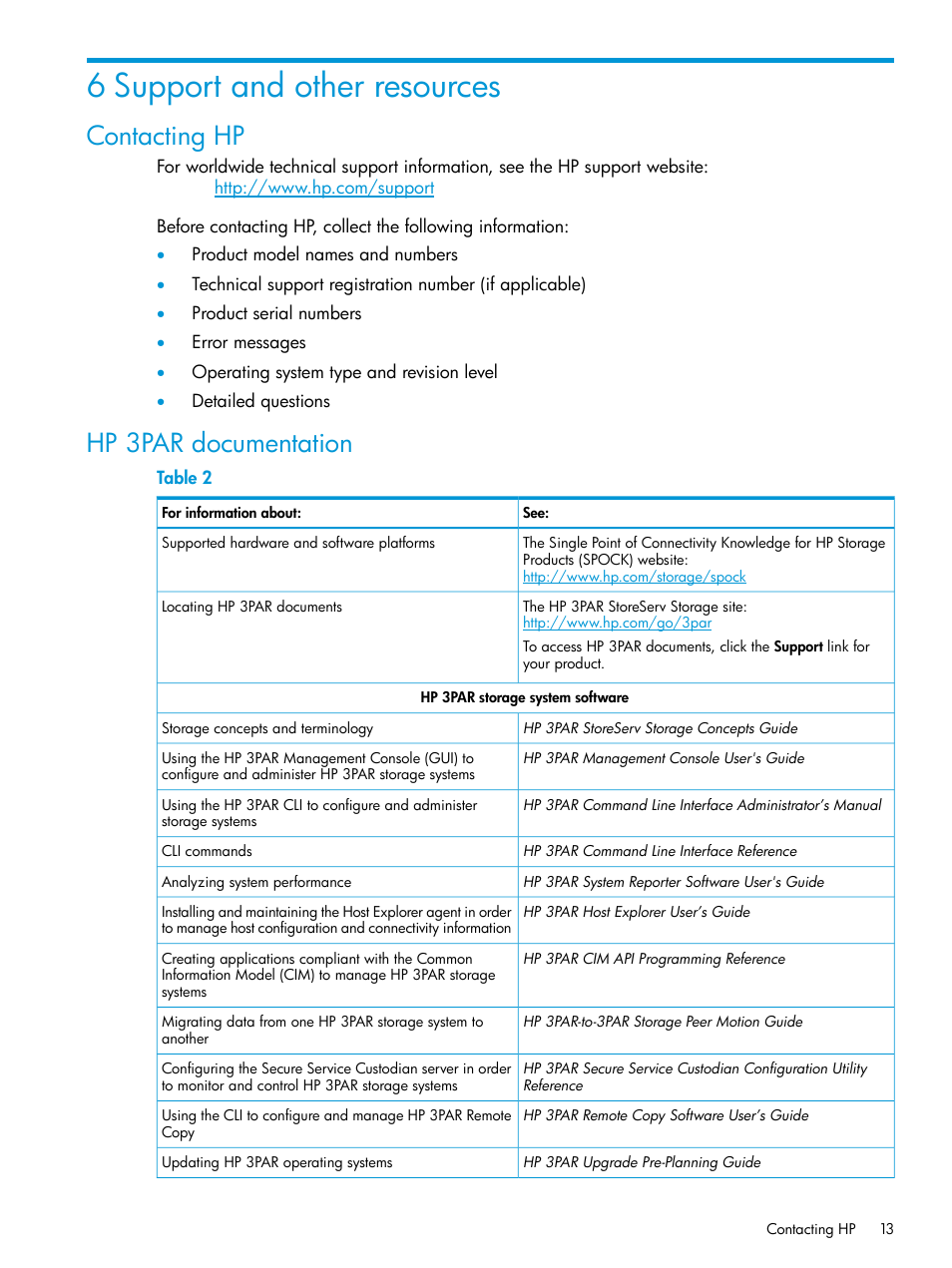 6 support and other resources, Contacting hp, Hp 3par documentation | Contacting hp hp 3par documentation | HP 3PAR Recovery Manager Software for Oracle Licenses User Manual | Page 13 / 17