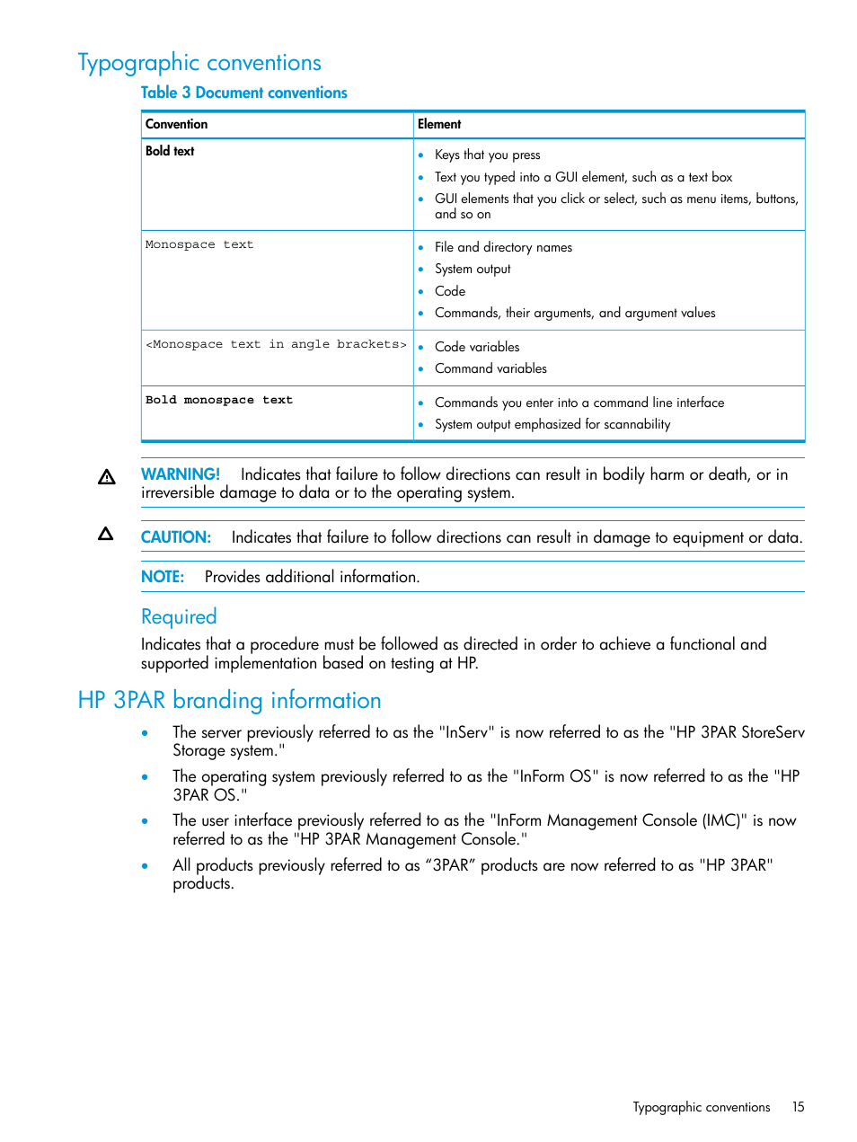 Typographic conventions, Hp 3par branding information, Required | HP 3PAR Recovery Manager Software for Oracle Licenses User Manual | Page 15 / 17