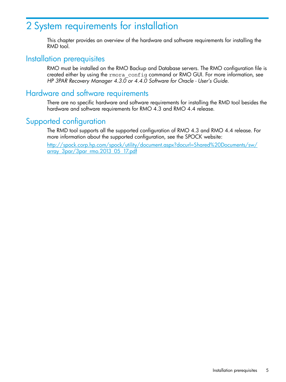 2 system requirements for installation, Installation prerequisites, Hardware and software requirements | Supported configuration | HP 3PAR Recovery Manager Software for Oracle Licenses User Manual | Page 5 / 17