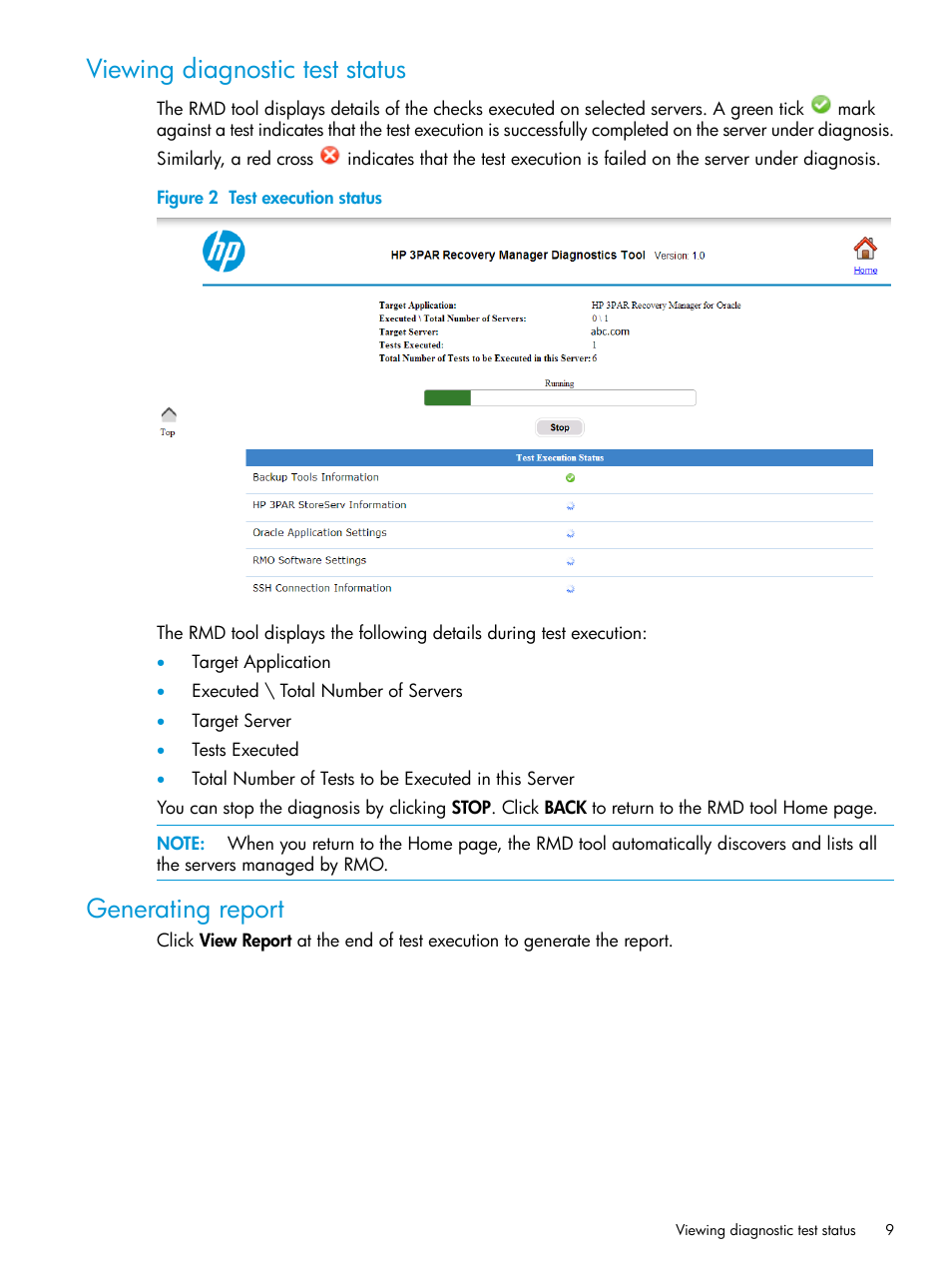 Viewing diagnostic test status, Generating report, Viewing diagnostic test status generating report | HP 3PAR Recovery Manager Software for Oracle Licenses User Manual | Page 9 / 17