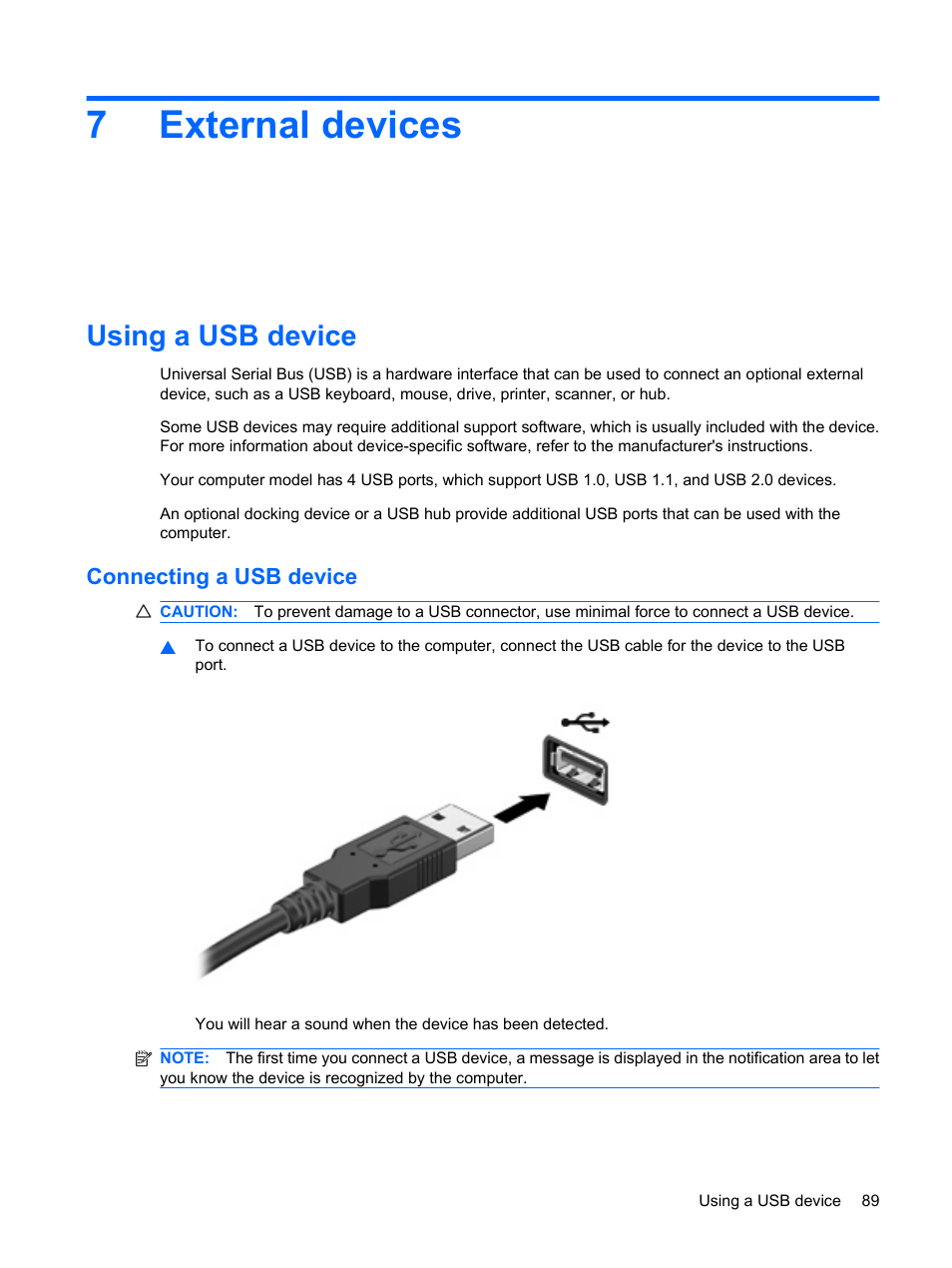 External devices, Using a usb device, Connecting a usb device | 7 external devices, 7external devices | HP EliteBook 8440p User Manual | Page 101 / 169