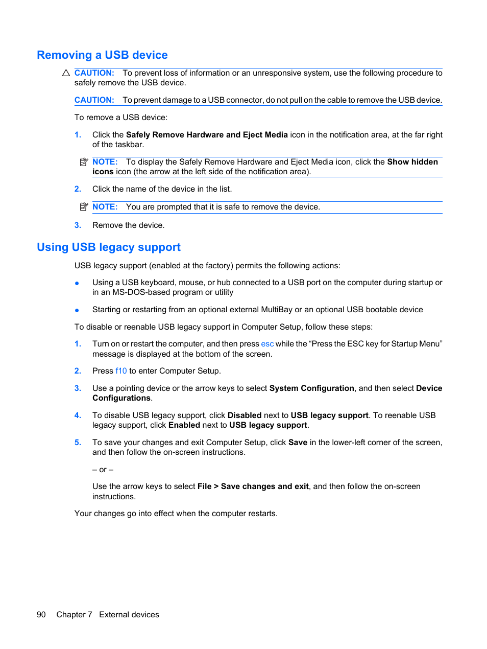Removing a usb device, Using usb legacy support, Removing a usb device using usb legacy support | HP EliteBook 8440p User Manual | Page 102 / 169