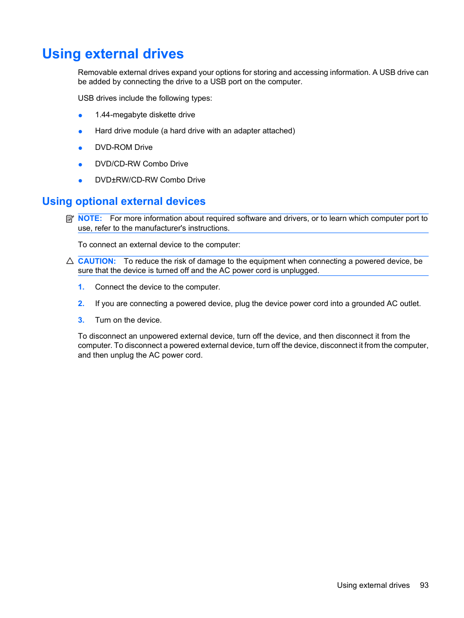 Using external drives, Using optional external devices | HP EliteBook 8440p User Manual | Page 105 / 169