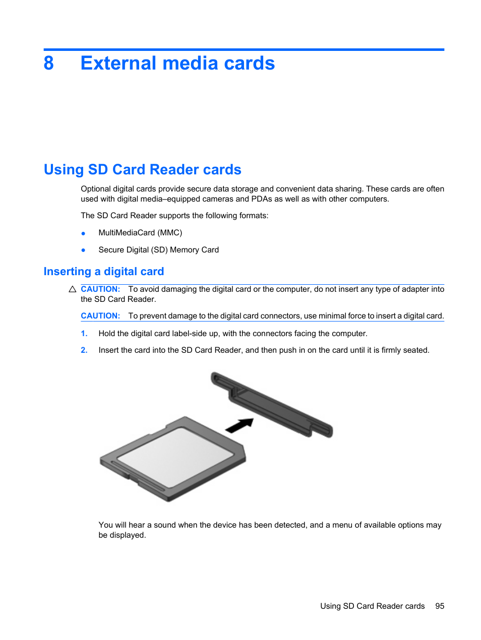 External media cards, Using sd card reader cards, Inserting a digital card | 8 external media cards, 8external media cards | HP EliteBook 8440p User Manual | Page 107 / 169