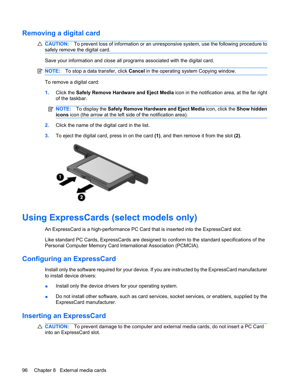 Removing a digital card, Using expresscards (select models only), Configuring an expresscard | Inserting an expresscard | HP EliteBook 8440p User Manual | Page 108 / 169