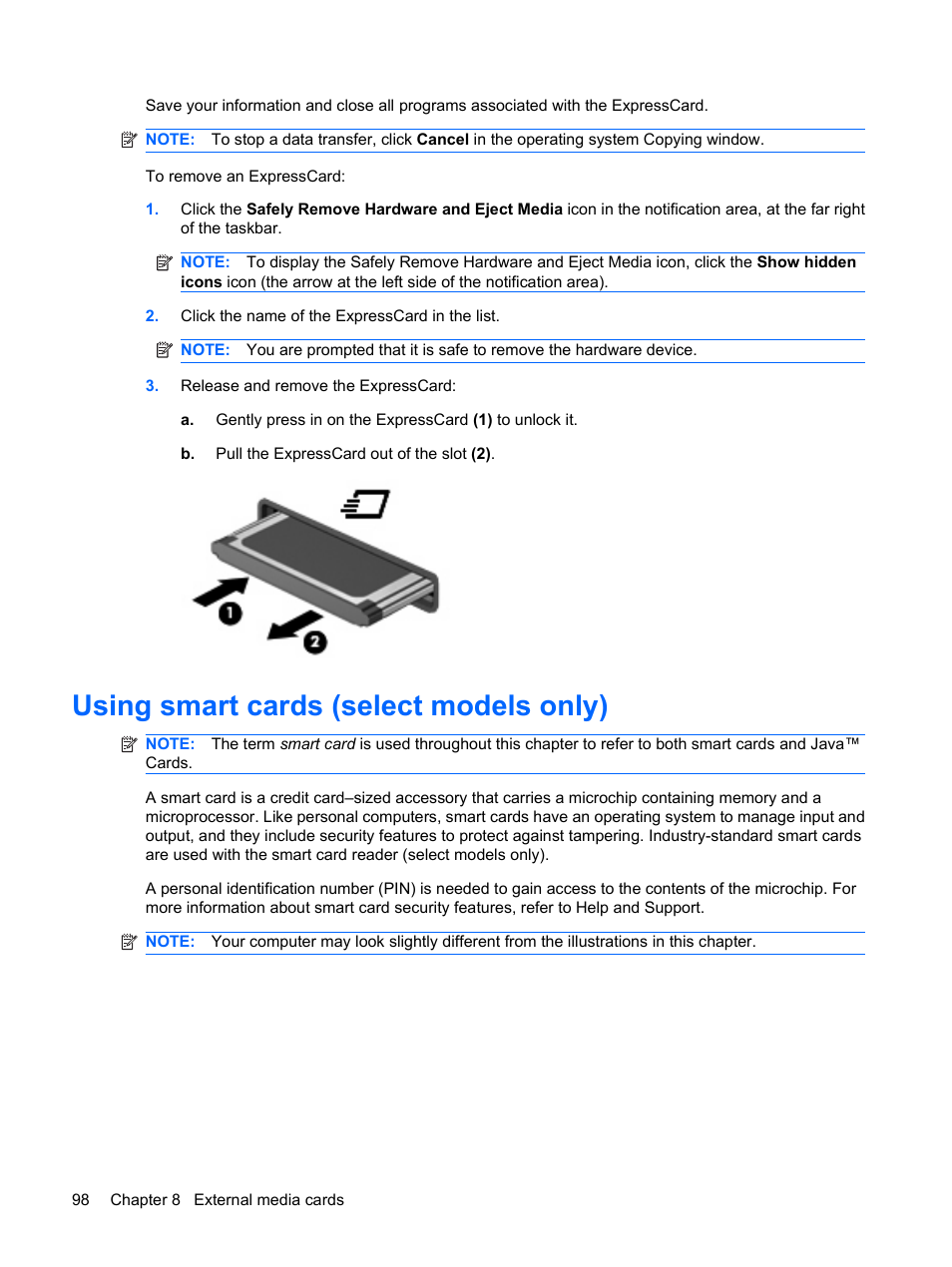 Using smart cards (select models only) | HP EliteBook 8440p User Manual | Page 110 / 169