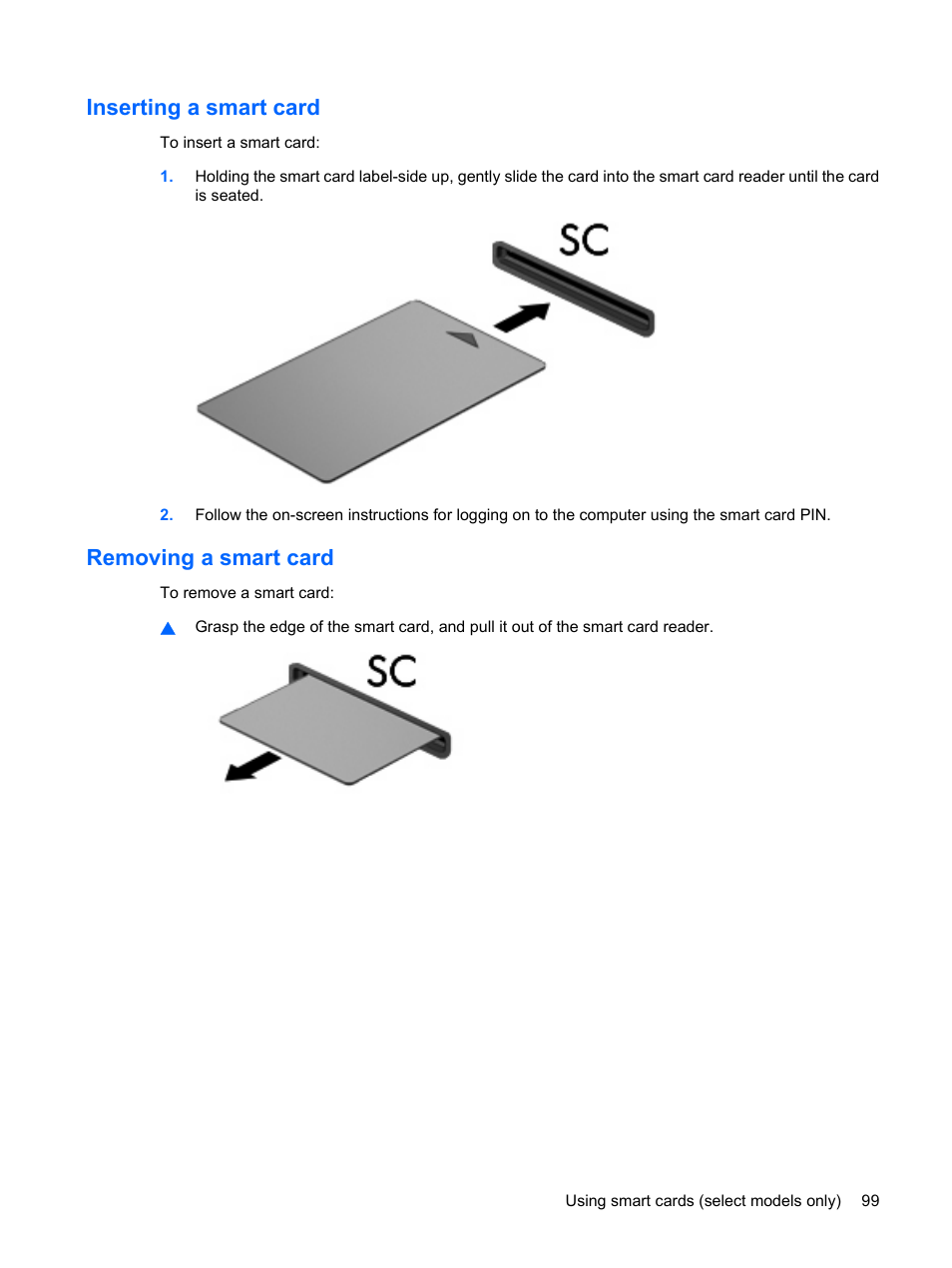 Inserting a smart card, Removing a smart card, Inserting a smart card removing a smart card | HP EliteBook 8440p User Manual | Page 111 / 169