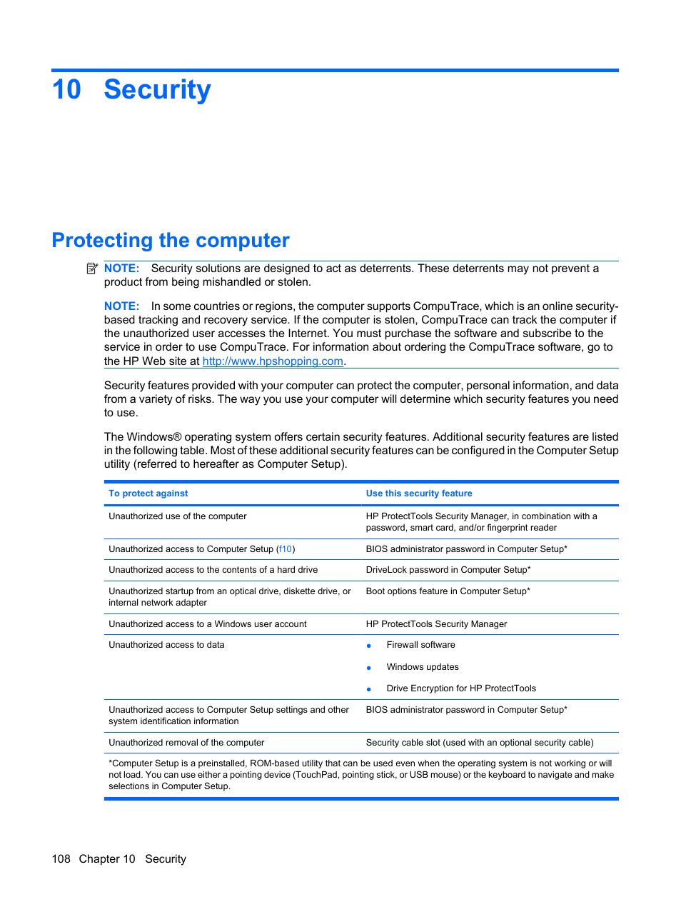 Security, Protecting the computer, 10 security | HP EliteBook 8440p User Manual | Page 120 / 169