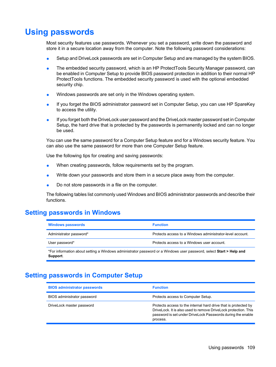 Using passwords, Setting passwords in windows, Setting passwords in computer setup | HP EliteBook 8440p User Manual | Page 121 / 169