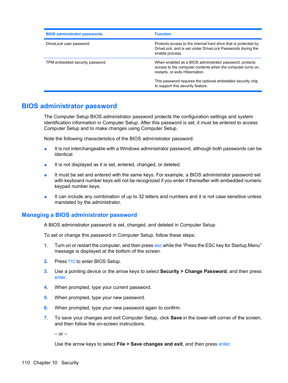 Bios administrator password, Managing a bios administrator password | HP EliteBook 8440p User Manual | Page 122 / 169