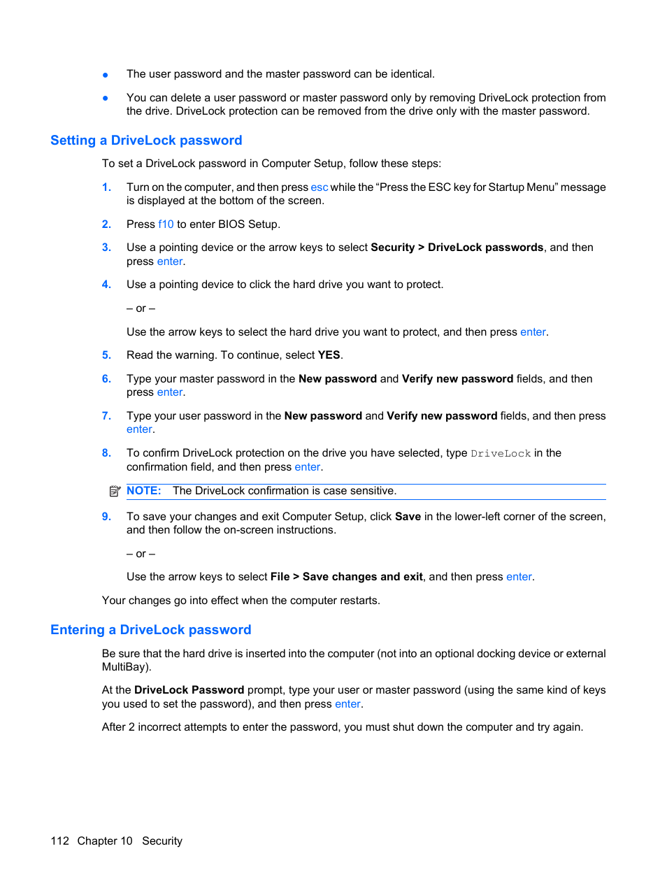 Setting a drivelock password, Entering a drivelock password | HP EliteBook 8440p User Manual | Page 124 / 169