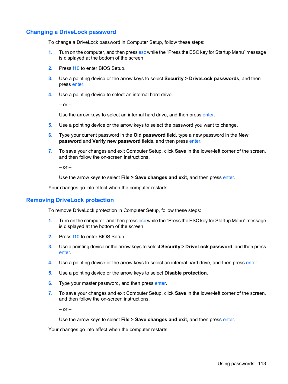 Changing a drivelock password, Removing drivelock protection | HP EliteBook 8440p User Manual | Page 125 / 169