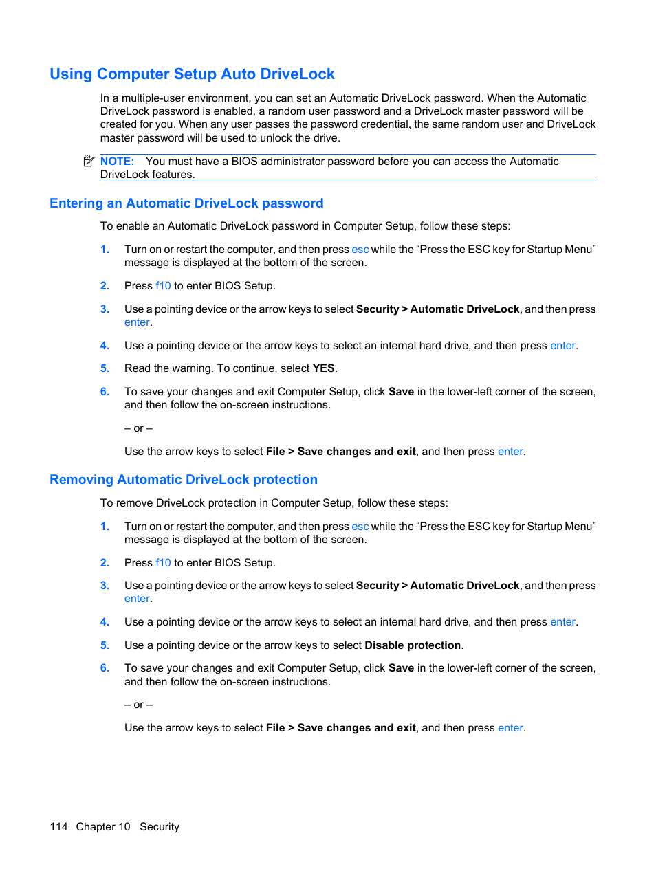 Using computer setup auto drivelock, Entering an automatic drivelock password, Removing automatic drivelock protection | HP EliteBook 8440p User Manual | Page 126 / 169