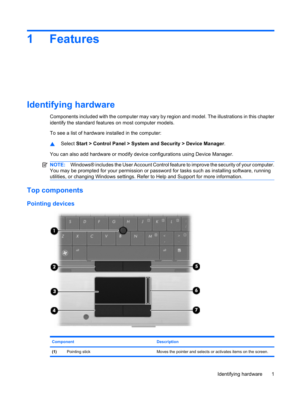 Features, Identifying hardware, Top components | Pointing devices, 1 features, 1features | HP EliteBook 8440p User Manual | Page 13 / 169