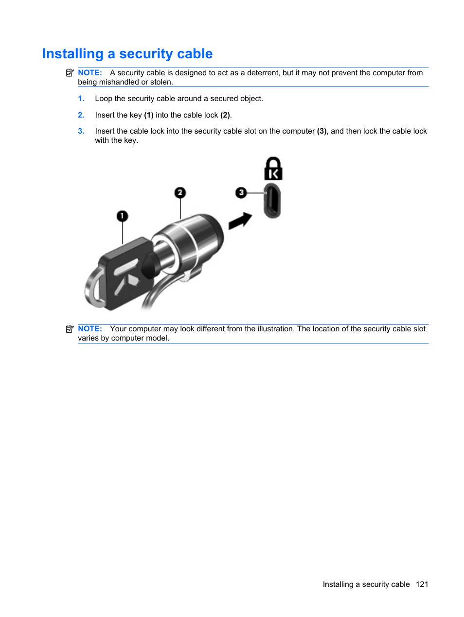 Installing a security cable | HP EliteBook 8440p User Manual | Page 133 / 169