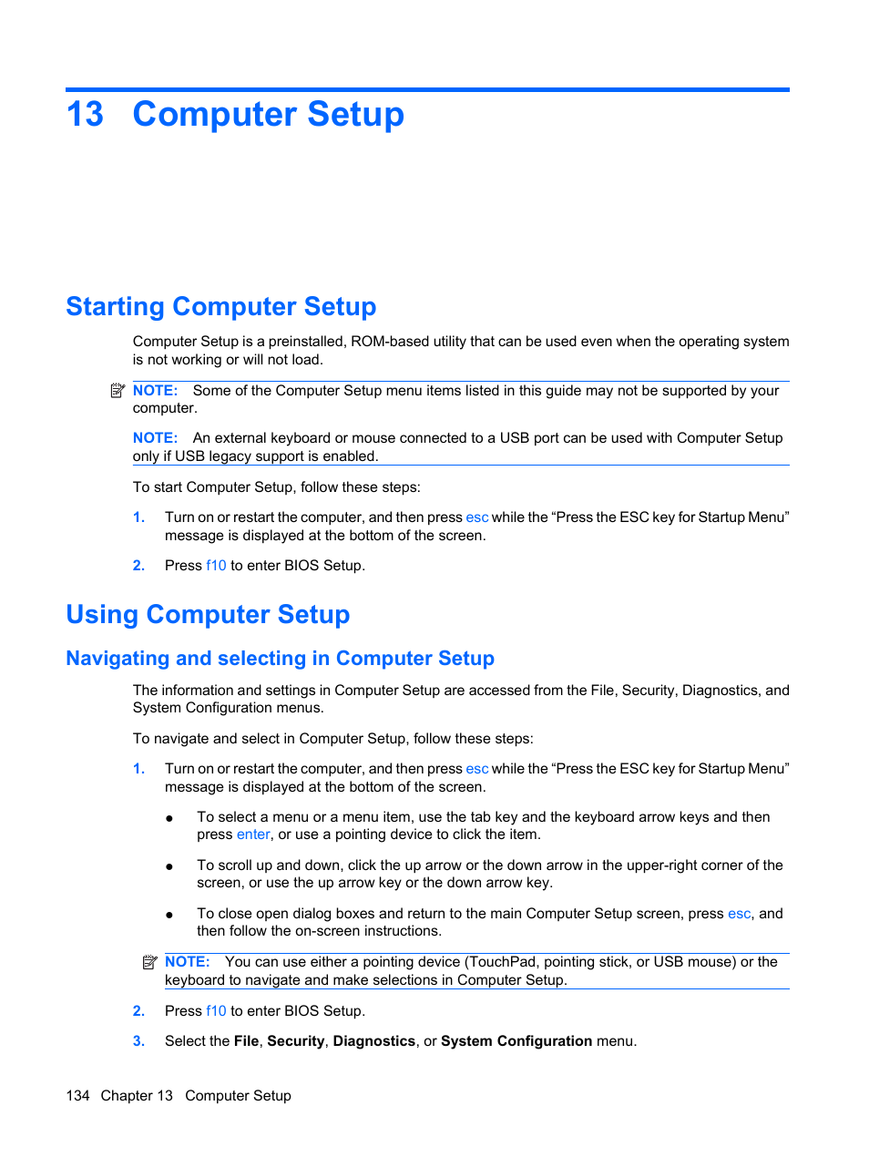 Computer setup, Starting computer setup, Using computer setup | Navigating and selecting in computer setup, 13 computer setup | HP EliteBook 8440p User Manual | Page 146 / 169