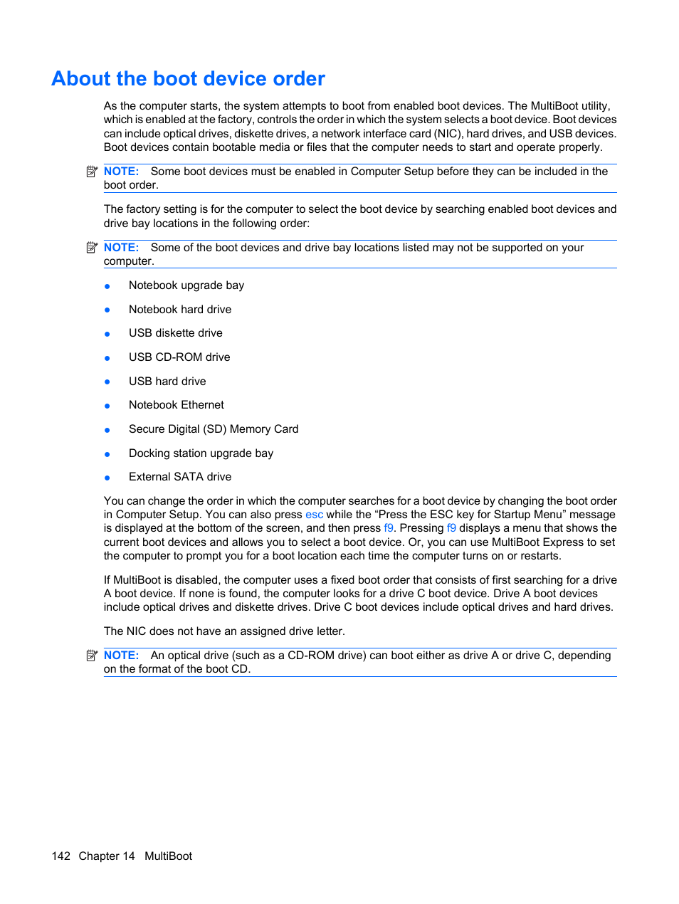 About the boot device order | HP EliteBook 8440p User Manual | Page 154 / 169