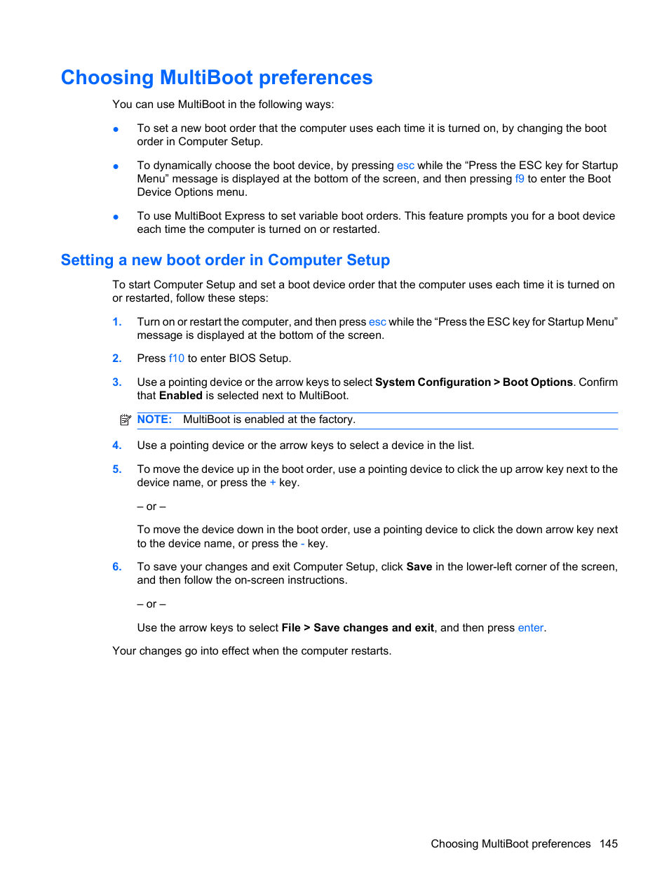 Choosing multiboot preferences, Setting a new boot order in computer setup | HP EliteBook 8440p User Manual | Page 157 / 169