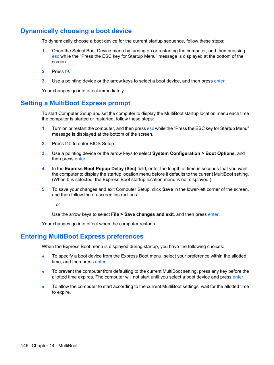 Dynamically choosing a boot device, Setting a multiboot express prompt, Entering multiboot express preferences | HP EliteBook 8440p User Manual | Page 158 / 169