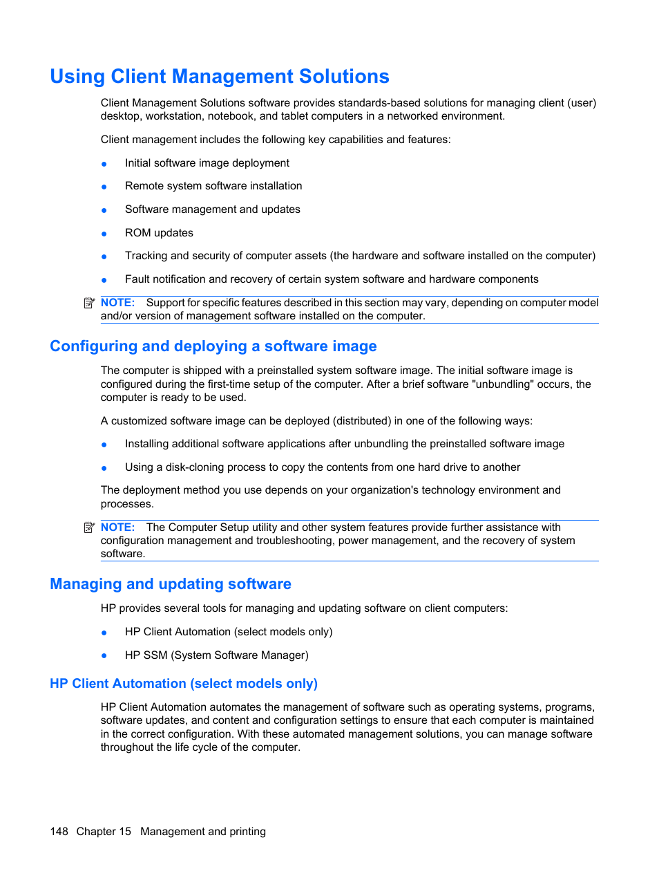 Using client management solutions, Configuring and deploying a software image, Managing and updating software | Hp client automation (select models only) | HP EliteBook 8440p User Manual | Page 160 / 169