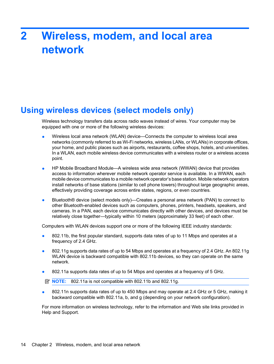 Wireless, modem, and local area network, Using wireless devices (select models only), 2 wireless, modem, and local area network | 2wireless, modem, and local area network | HP EliteBook 8440p User Manual | Page 26 / 169