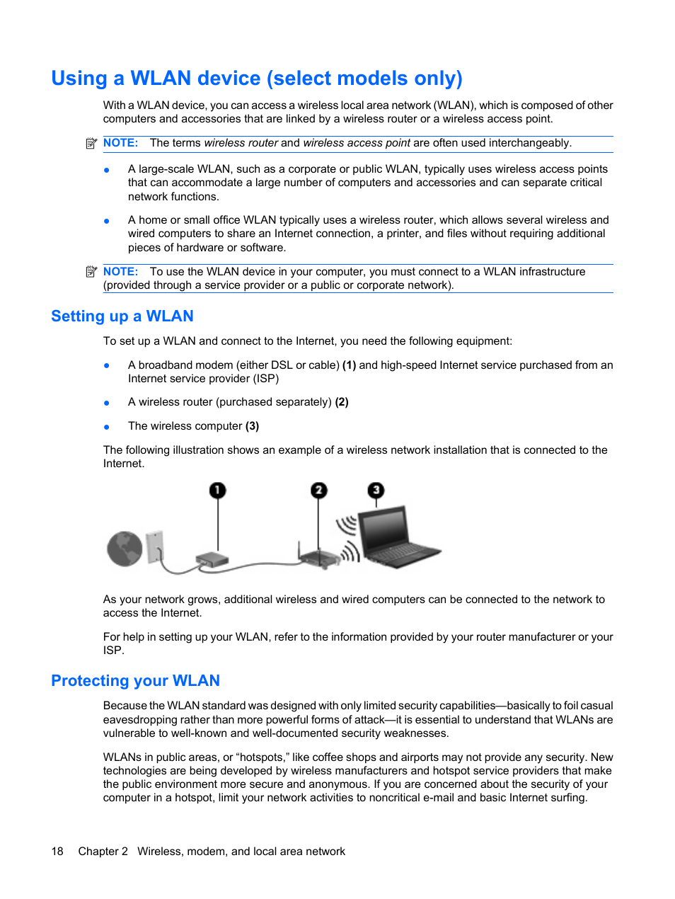 Using a wlan device (select models only), Setting up a wlan, Protecting your wlan | Setting up a wlan protecting your wlan | HP EliteBook 8440p User Manual | Page 30 / 169