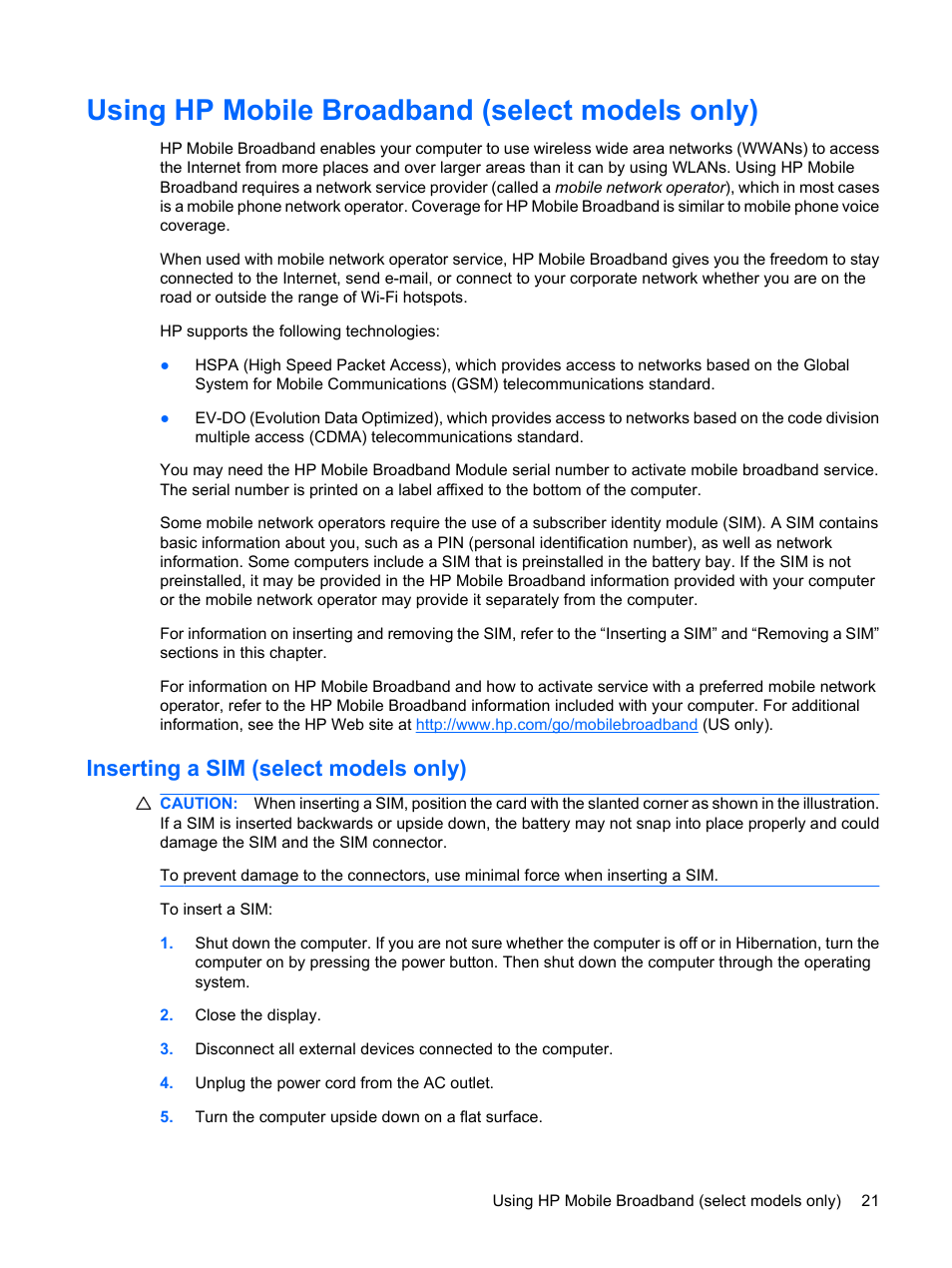 Using hp mobile broadband (select models only), Inserting a sim (select models only) | HP EliteBook 8440p User Manual | Page 33 / 169