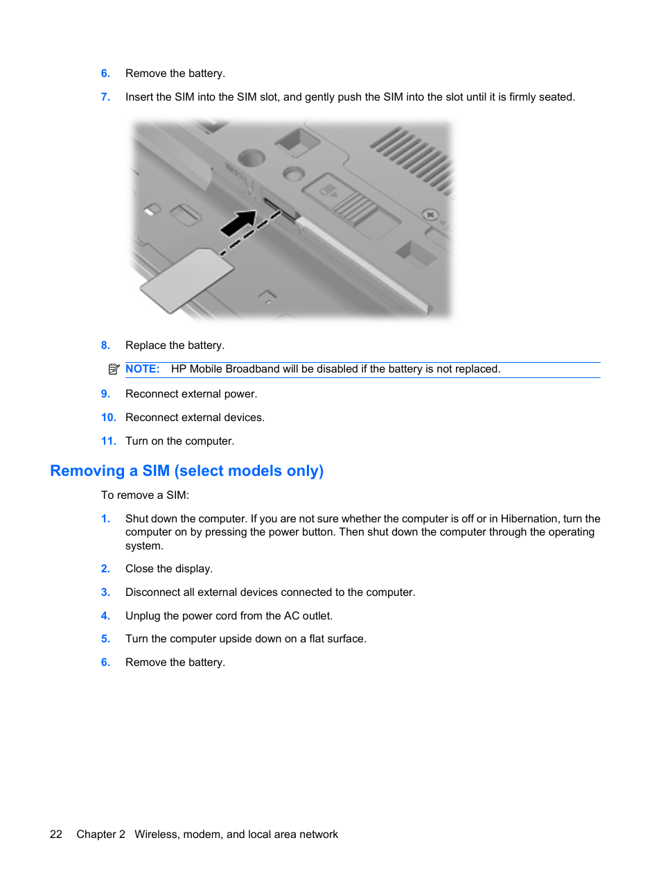 Removing a sim (select models only) | HP EliteBook 8440p User Manual | Page 34 / 169