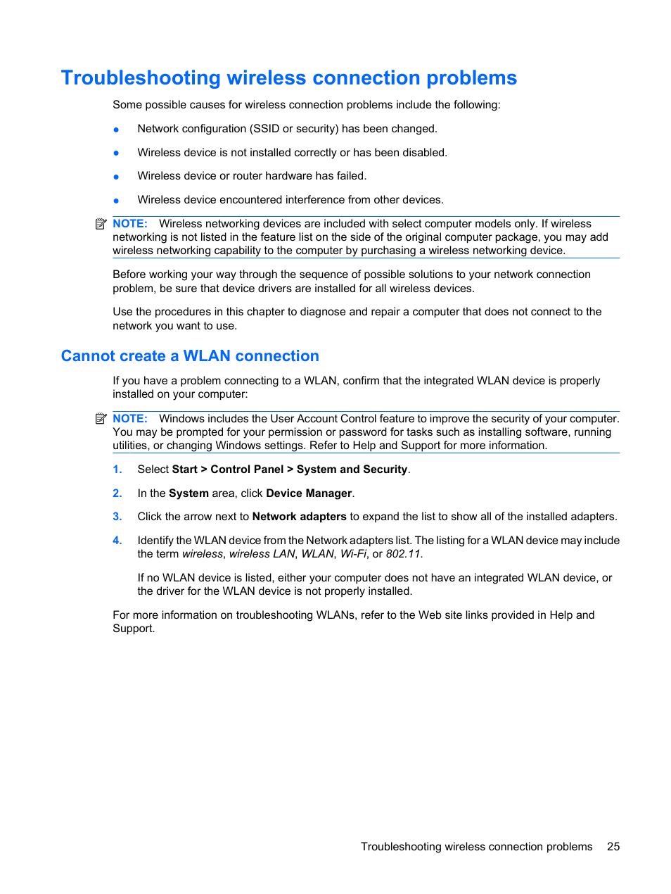 Troubleshooting wireless connection problems, Cannot create a wlan connection | HP EliteBook 8440p User Manual | Page 37 / 169