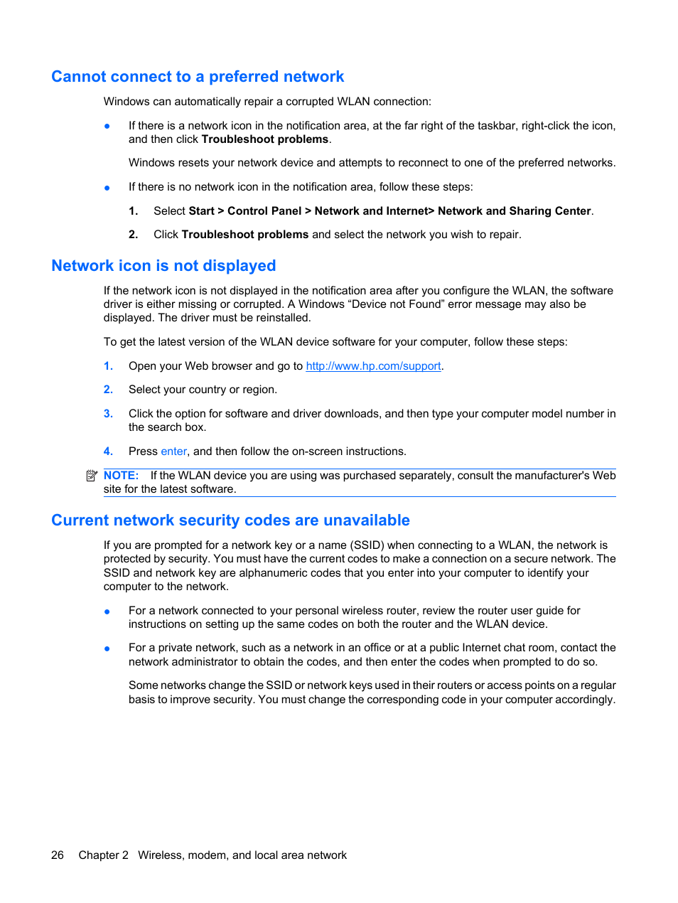 Cannot connect to a preferred network, Network icon is not displayed, Current network security codes are unavailable | HP EliteBook 8440p User Manual | Page 38 / 169