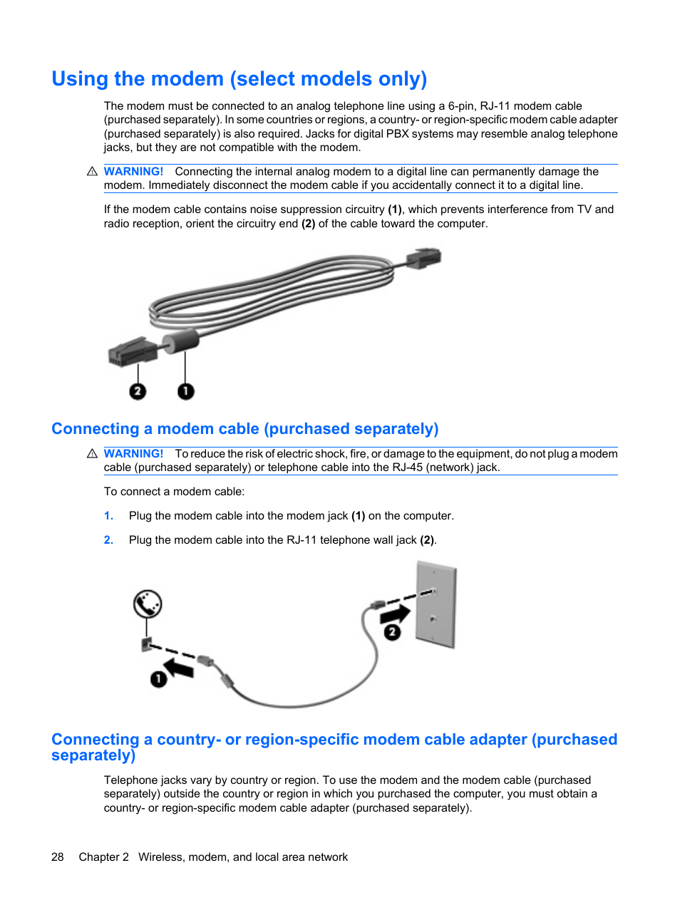 Using the modem (select models only), Connecting a modem cable (purchased separately) | HP EliteBook 8440p User Manual | Page 40 / 169