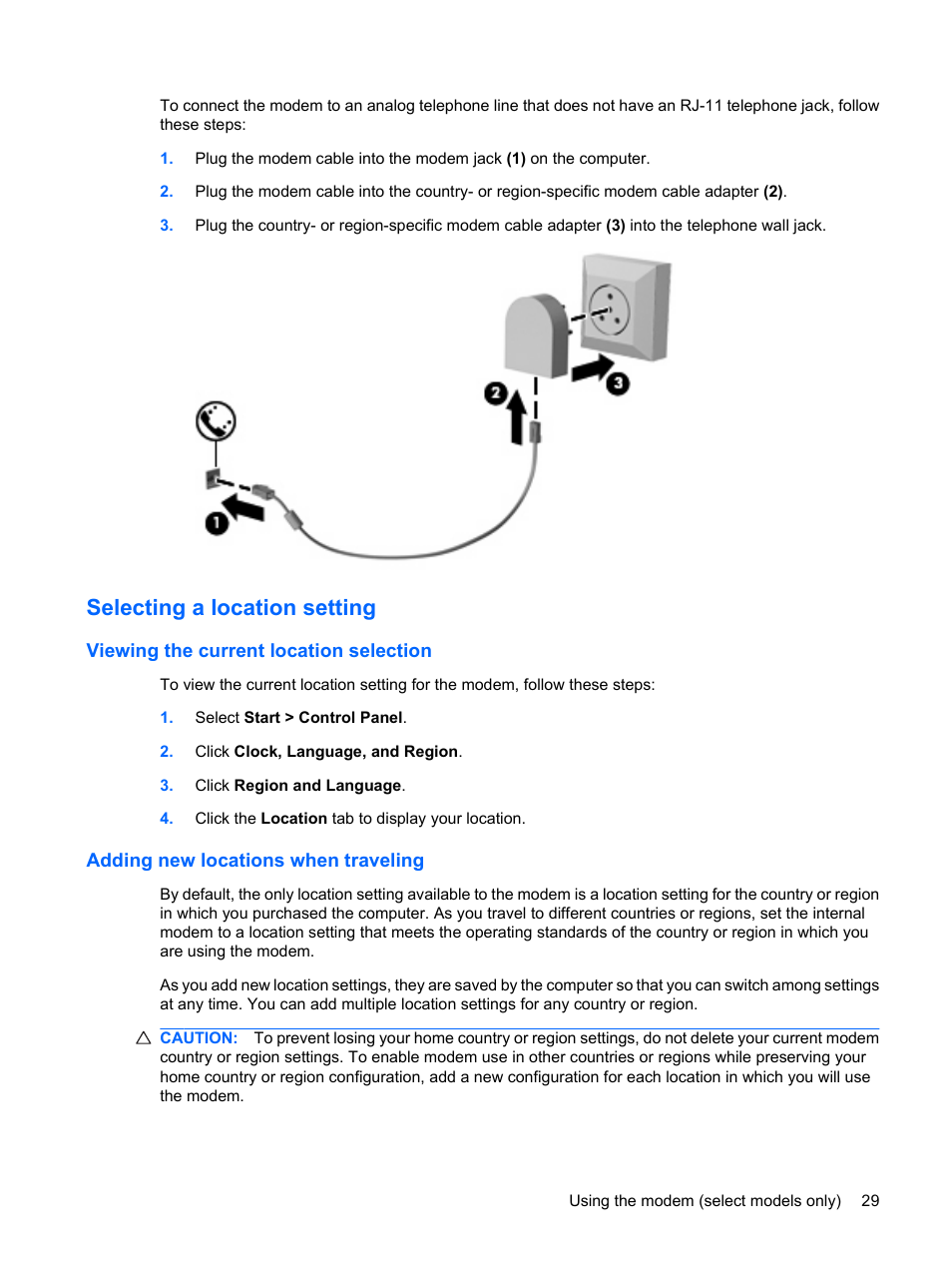 Selecting a location setting, Viewing the current location selection, Adding new locations when traveling | HP EliteBook 8440p User Manual | Page 41 / 169