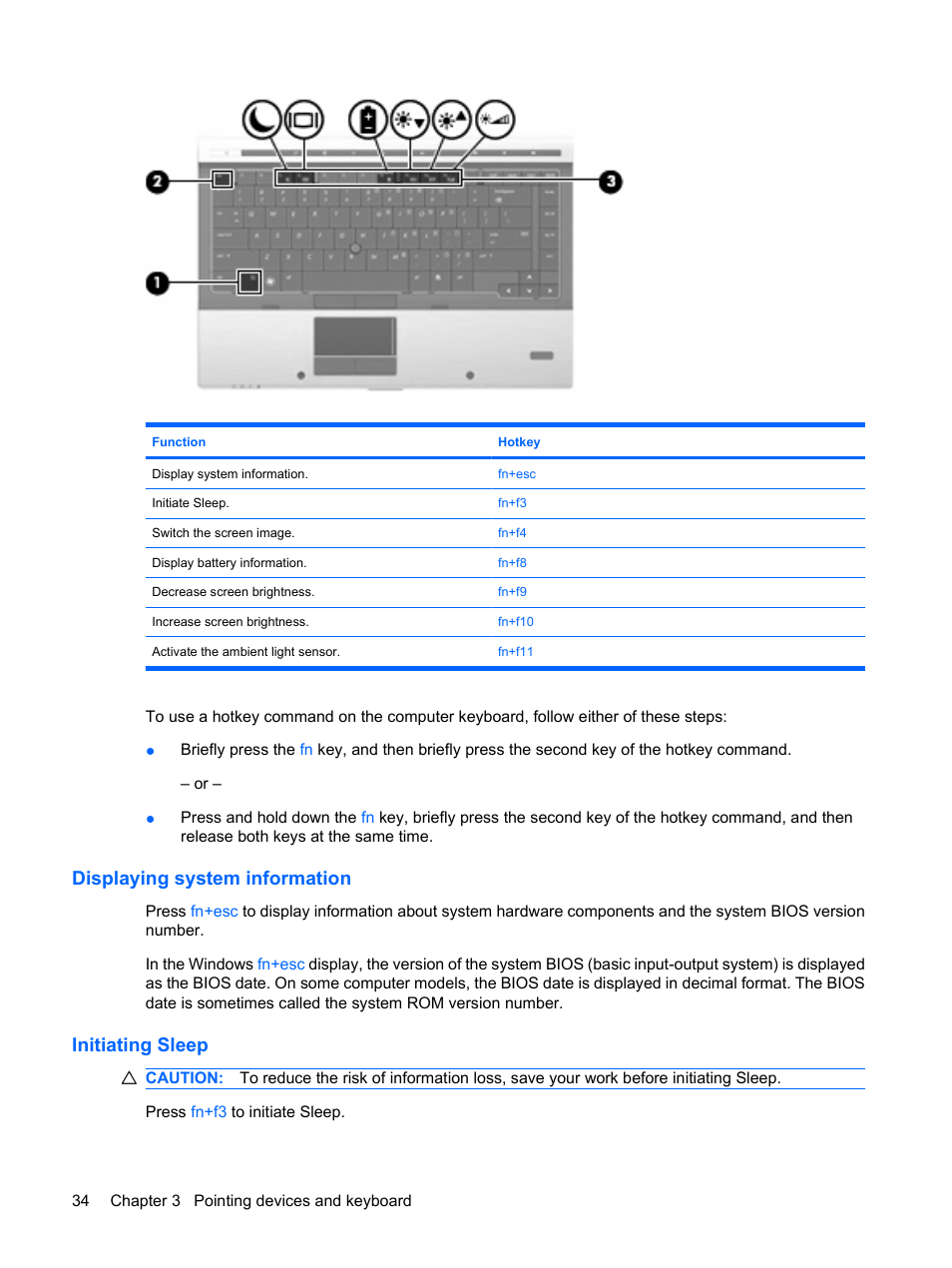 Displaying system information, Initiating sleep, Displaying system information initiating sleep | HP EliteBook 8440p User Manual | Page 46 / 169