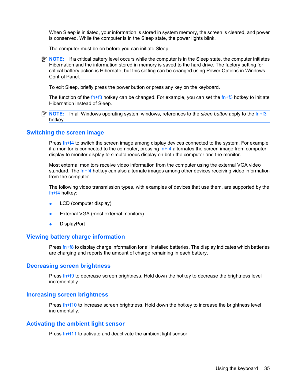 Switching the screen image, Viewing battery charge information, Decreasing screen brightness | Increasing screen brightness, Activating the ambient light sensor | HP EliteBook 8440p User Manual | Page 47 / 169
