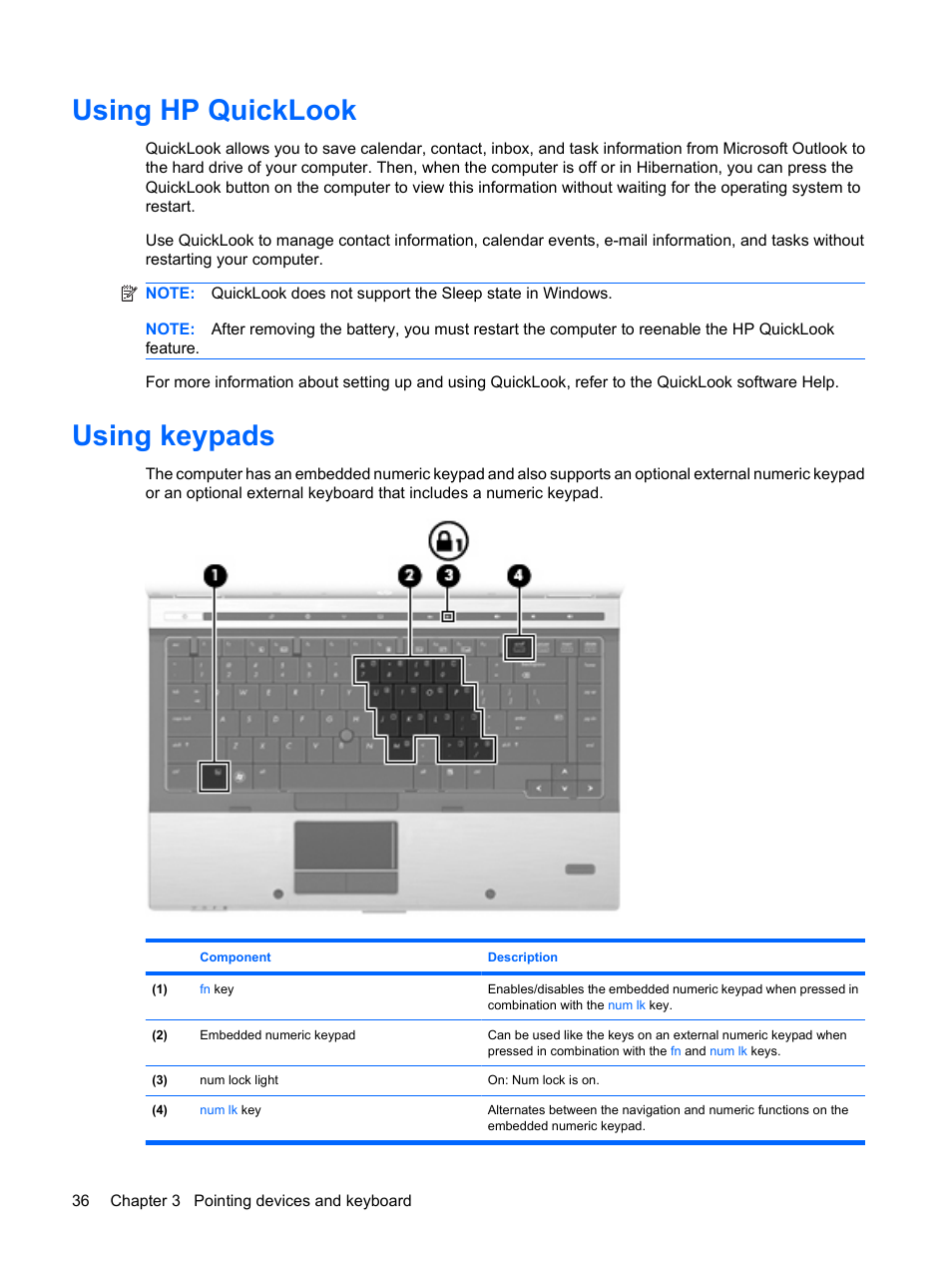 Using hp quicklook, Using keypads, Using hp quicklook using keypads | HP EliteBook 8440p User Manual | Page 48 / 169