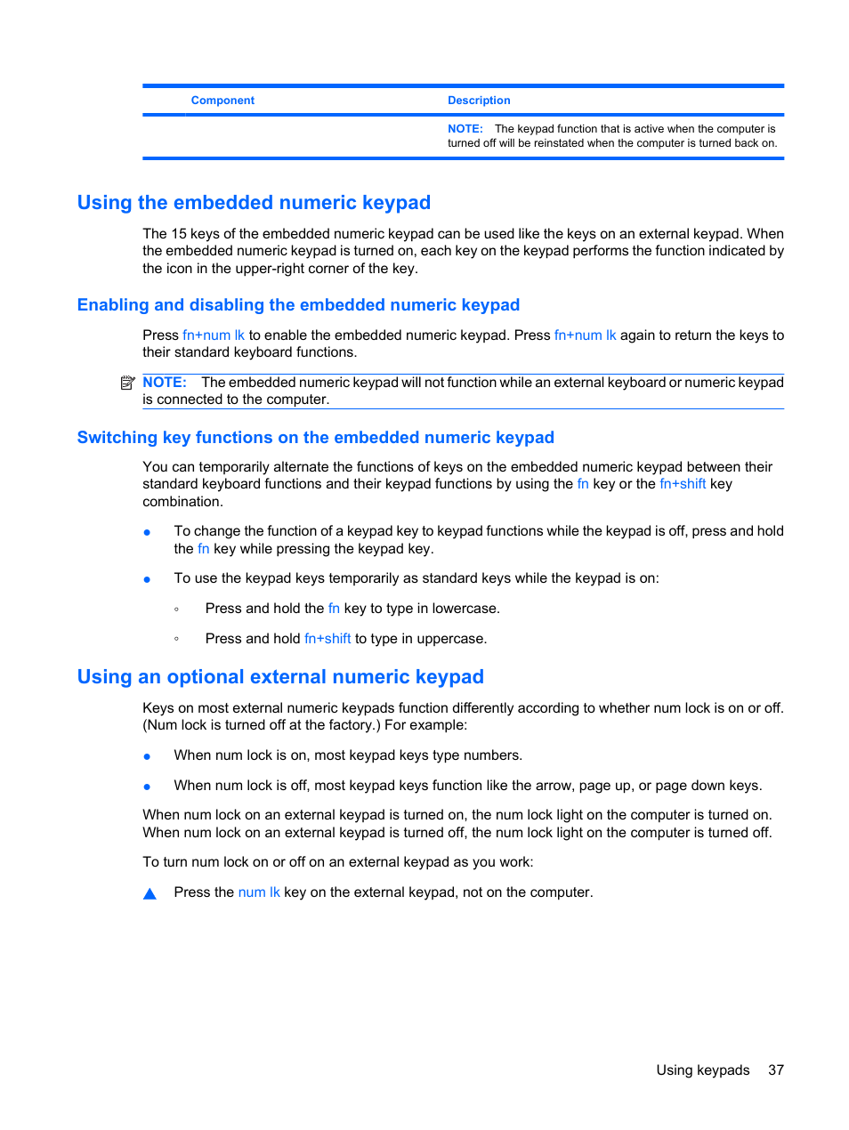 Using the embedded numeric keypad, Enabling and disabling the embedded numeric keypad, Using an optional external numeric keypad | HP EliteBook 8440p User Manual | Page 49 / 169