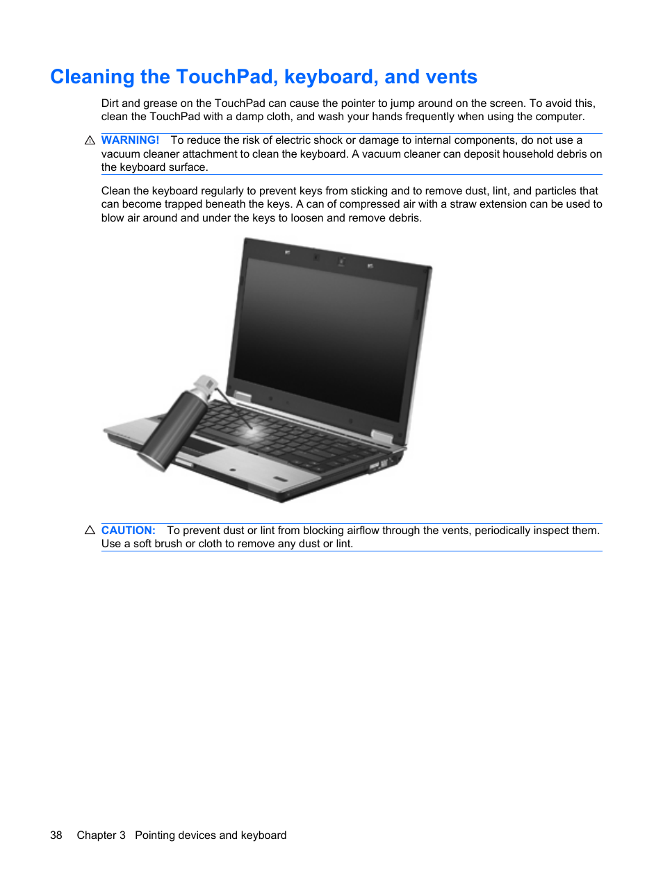 Cleaning the touchpad, keyboard, and vents | HP EliteBook 8440p User Manual | Page 50 / 169