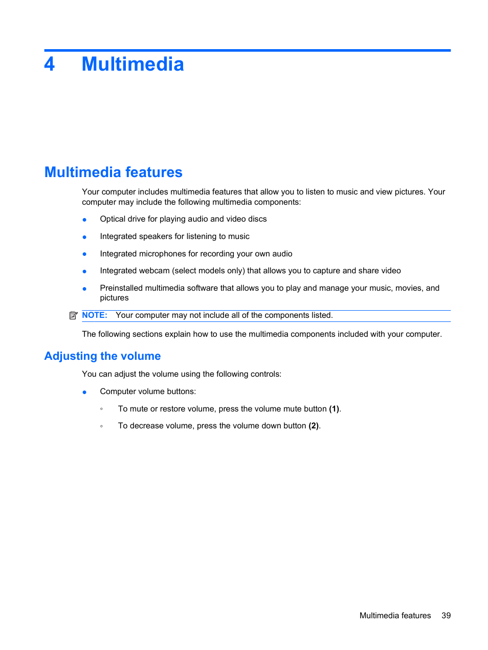 Multimedia, Multimedia features, Adjusting the volume | 4 multimedia, 4multimedia | HP EliteBook 8440p User Manual | Page 51 / 169