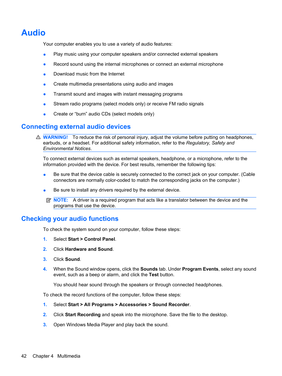 Audio, Connecting external audio devices, Checking your audio functions | HP EliteBook 8440p User Manual | Page 54 / 169