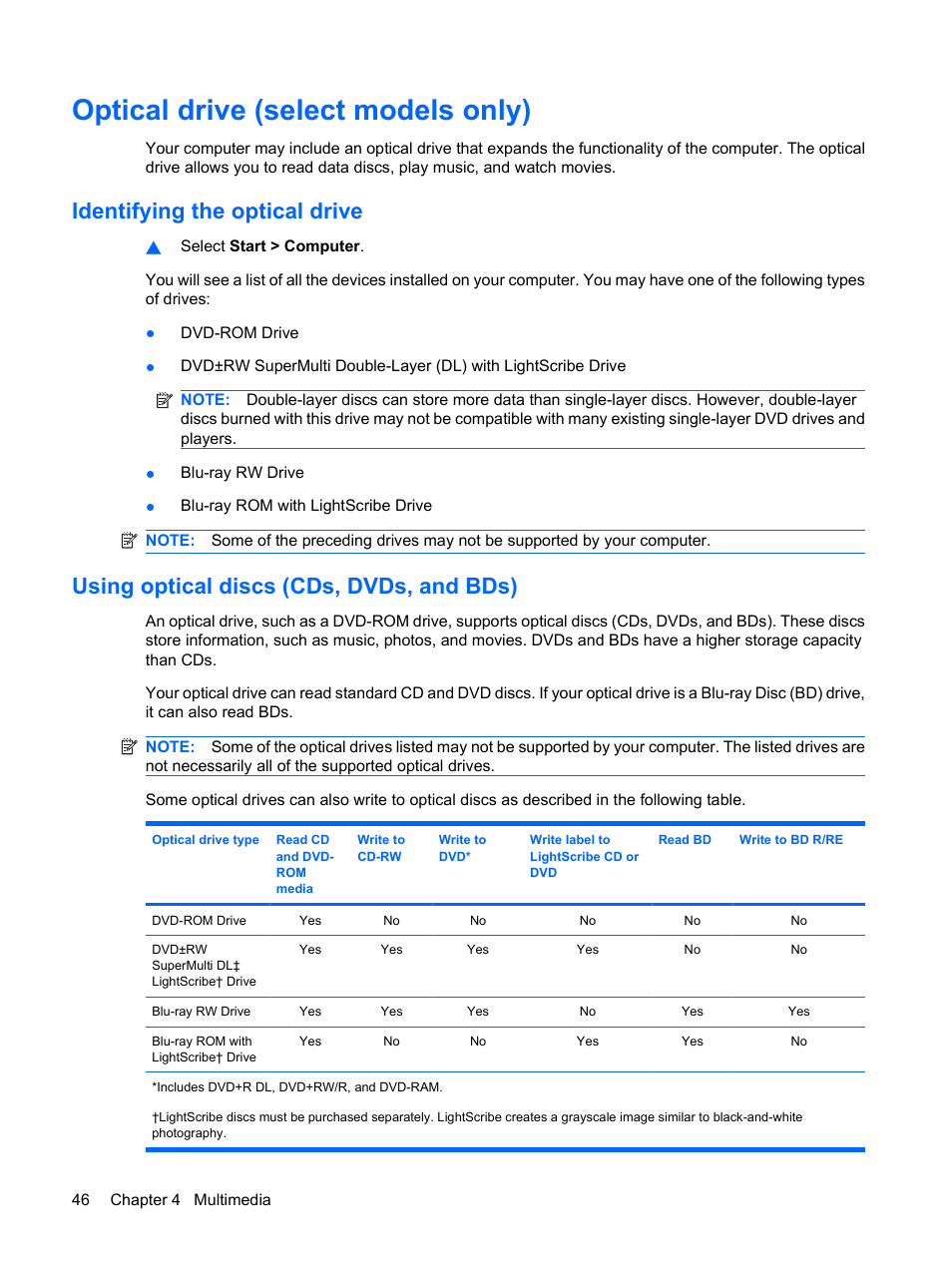 Optical drive (select models only), Identifying the optical drive, Using optical discs (cds, dvds, and bds) | HP EliteBook 8440p User Manual | Page 58 / 169